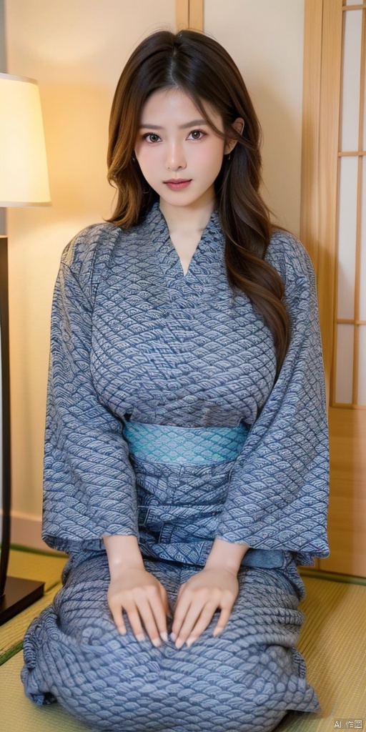 1girl,solo,perfect face,look at viewer,sitting,seiza,own hands together,
large breasts,long sleeves,japanese clothes,kimono,yukata,

﻿masterpiece,best quality,highly detailed,