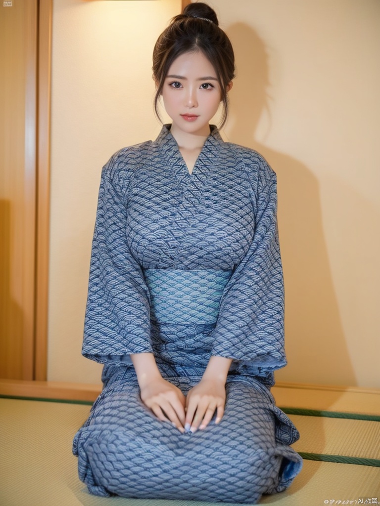 1girl,solo,perfect face,look at viewer,sitting,seiza,own hands together,
large breasts,long sleeves,japanese clothes,kimono,yukata,

﻿masterpiece,best quality,highly detailed,