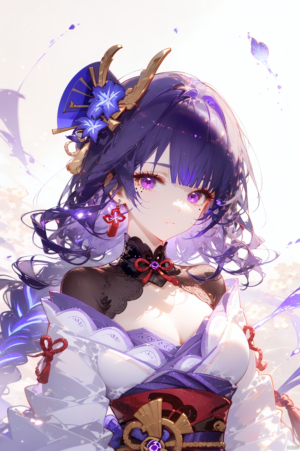 1girl, raiden shogun, solo, japanese clothes, purple hair, purple eyes, kimono, looking at viewer, mole under eye, mole, hair ornament, long hair, bangs, obi, sash, electricity, braid, breasts, flower, earrings, purple kimono, jewelry, armor, petals, closed mouth, shoulder armor, obiage, cleavage, obijime, braided ponytail, large breasts, long sleeves, bridal gauntlets, tomoe \(symbol\), wide sleeves, purple flower, tassel, upper body, ribbon