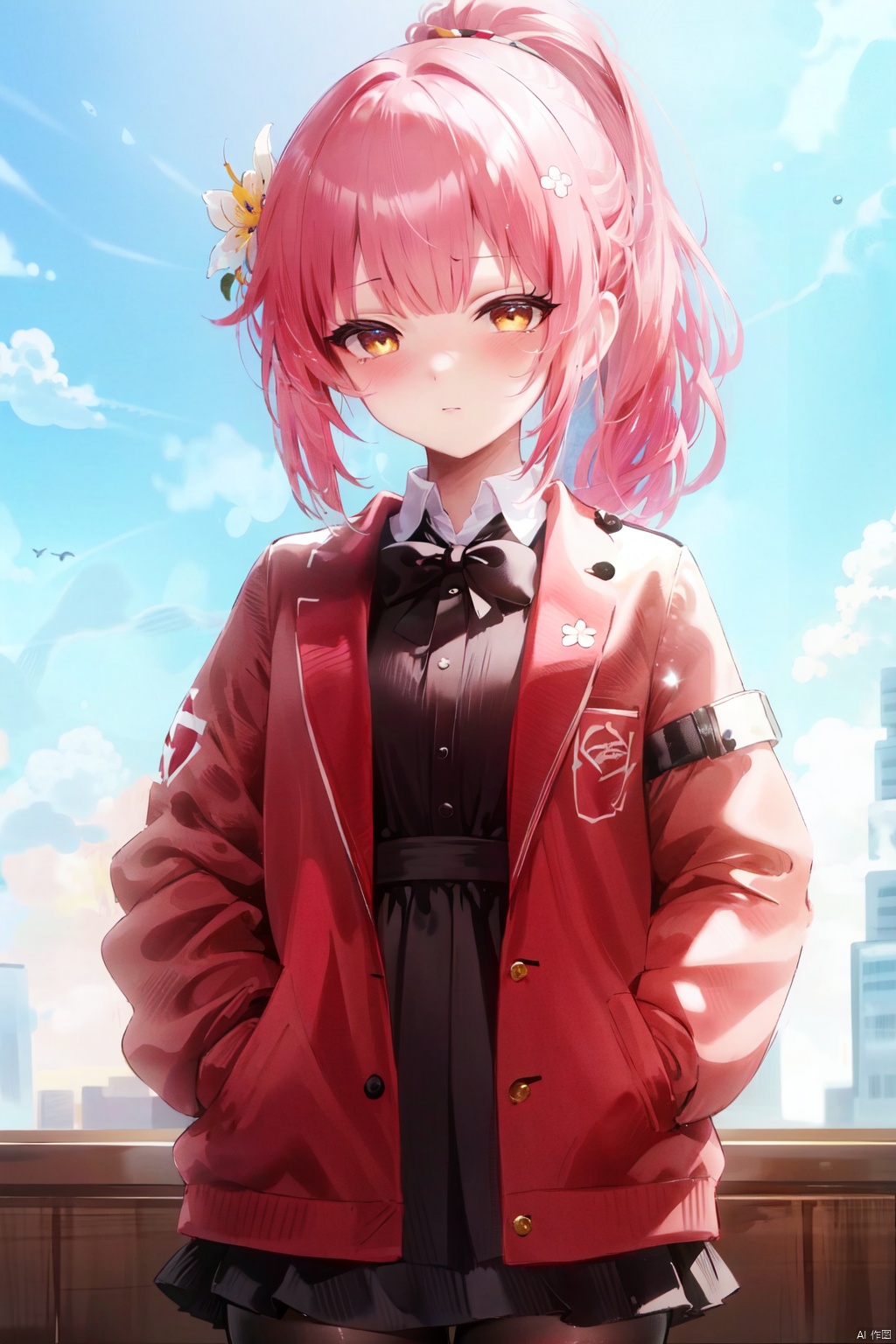 (masterpiece),(best quality),(loli:1.2),(petite:1.2),long hair,Pink hair,Yellow eyes,(red Jacket),high ponytail,white collared shirt,hair flower,fipped hair,floating hair,Frown,hands in pockets,black dress,red bowtie,(solo),sky,skyline,skyscraper,smile,solo,