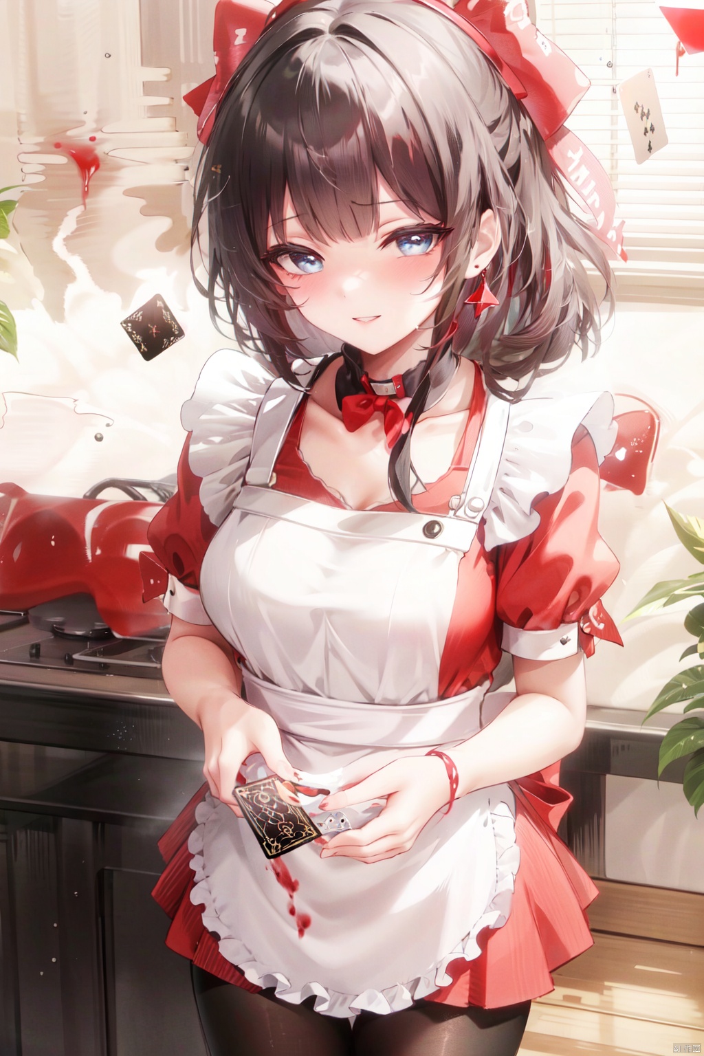1girl, solo, long hair, dress, short sleeves, puffy sleeves, apron, puffy short sleeves, red dress, card, choker, looking at viewer, blue eyes, bangs, frills, blood, black choker, playing card, white apron, blood on clothes, frilled apron, parted lips, red flower, brown hair, bow, smile, standing, parted bangs, very long hair, blood on face, black bow, hair bow, frilled dress, pantyhose, diamond \(shape\), ribbon, orange hair, red rose