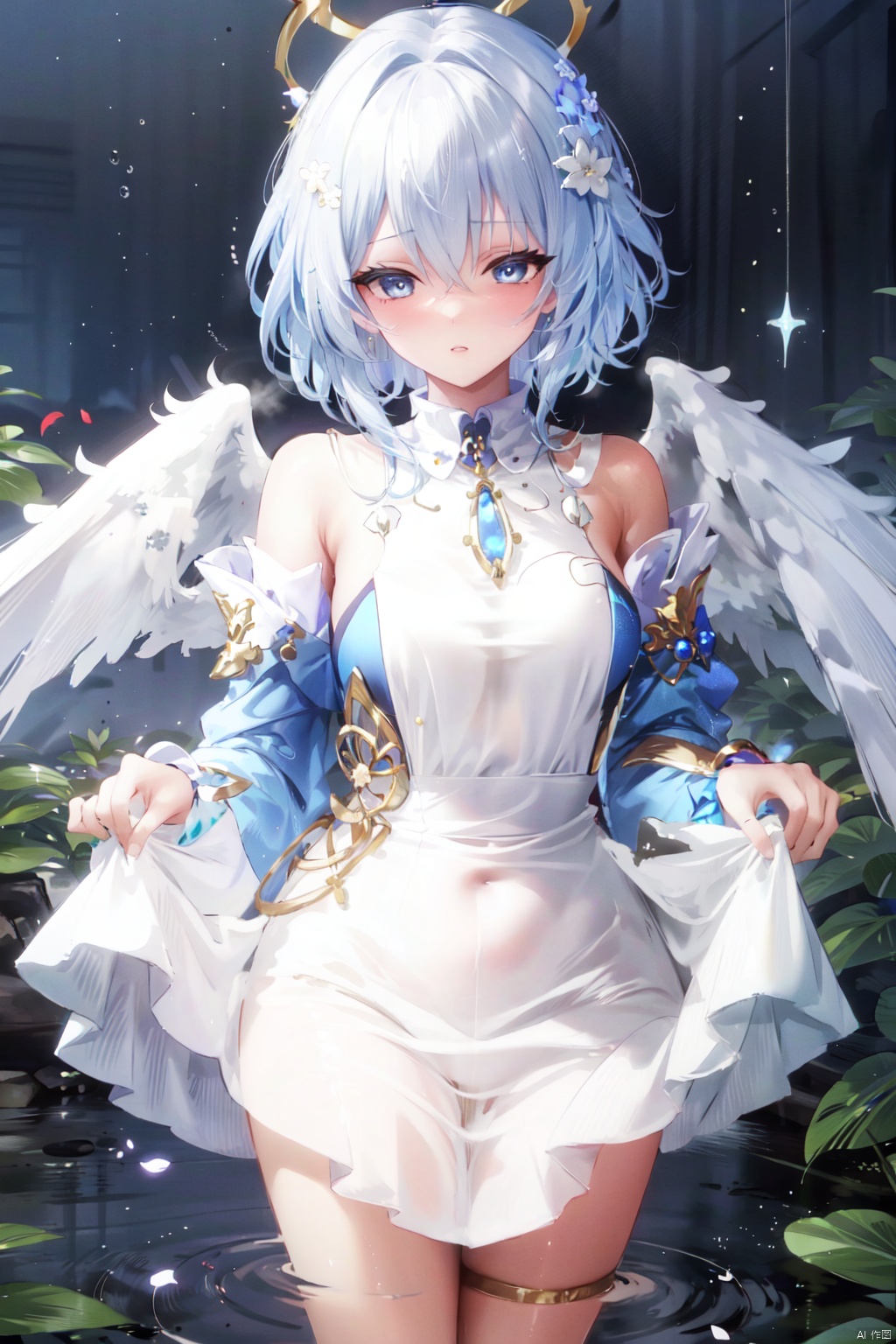 dress, wings, halo, blue flower, white hair, flower, 1girl, cross, looking at viewer, white dress, short hair, wading, angel wings, petals, parted lips, skirt hold, detached sleeves, solo, angel, bangs, water, feathered wings, bare shoulders, grey eyes, white wings, necklace, long sleeves, hair between eyes, jewelry, blue eyes, latin cross