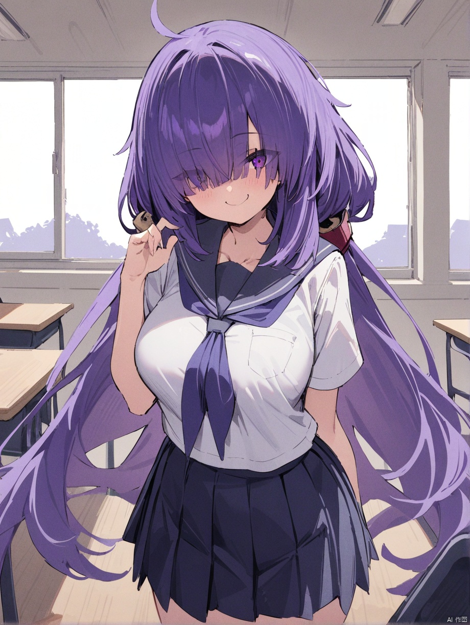 masterpiece, best quality, very aesthetic, absurdres,mogador_\(azur lane\), hair over one eye, purple hair, eyes visible through hair,long hair,school_uniform,classroom,solo,smile,pleated_skirt