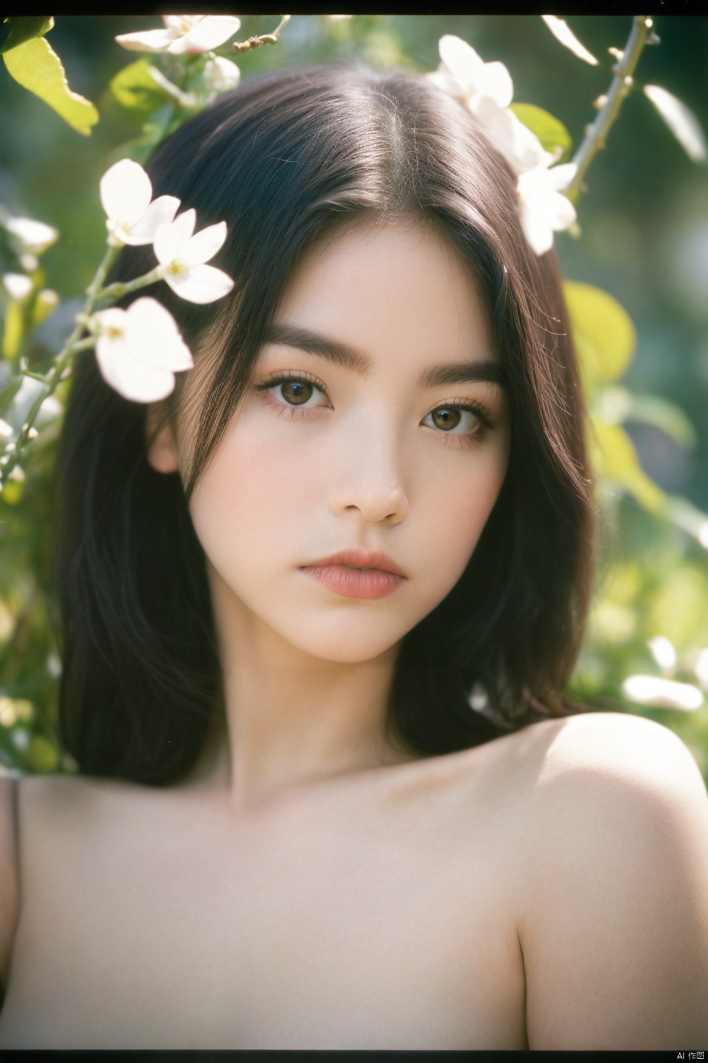 urreal dreamian,a lovely girl,covered in flowers and vines stares at the camera,lake,garden,afternoon,backlighting,photo detail,8k,polaroids,35mm lens,kodak film 8k