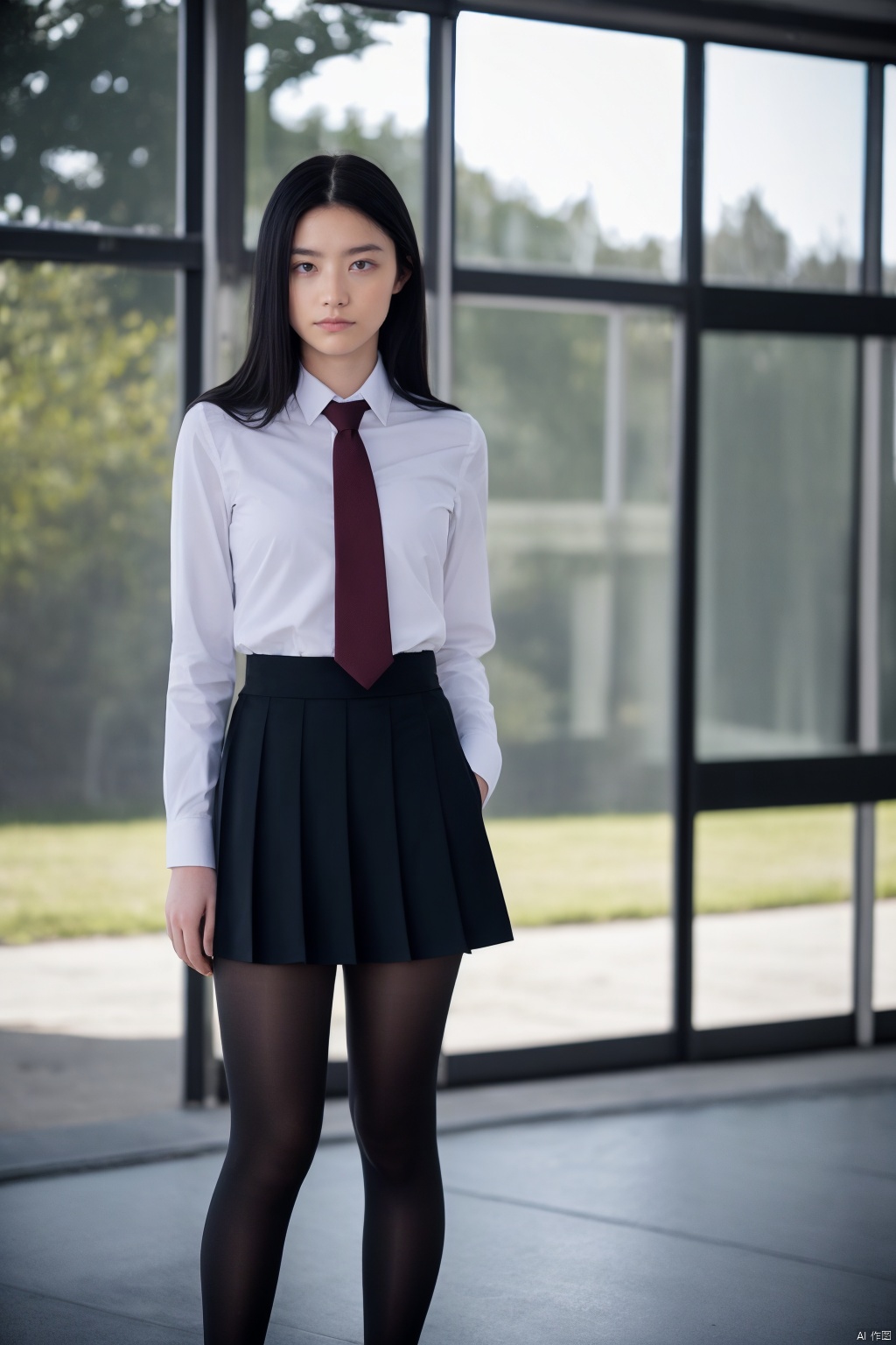 1girl,black_ dot_ pantyhose,black_hair,school uniform,standing,Contre jour\(photo\),
