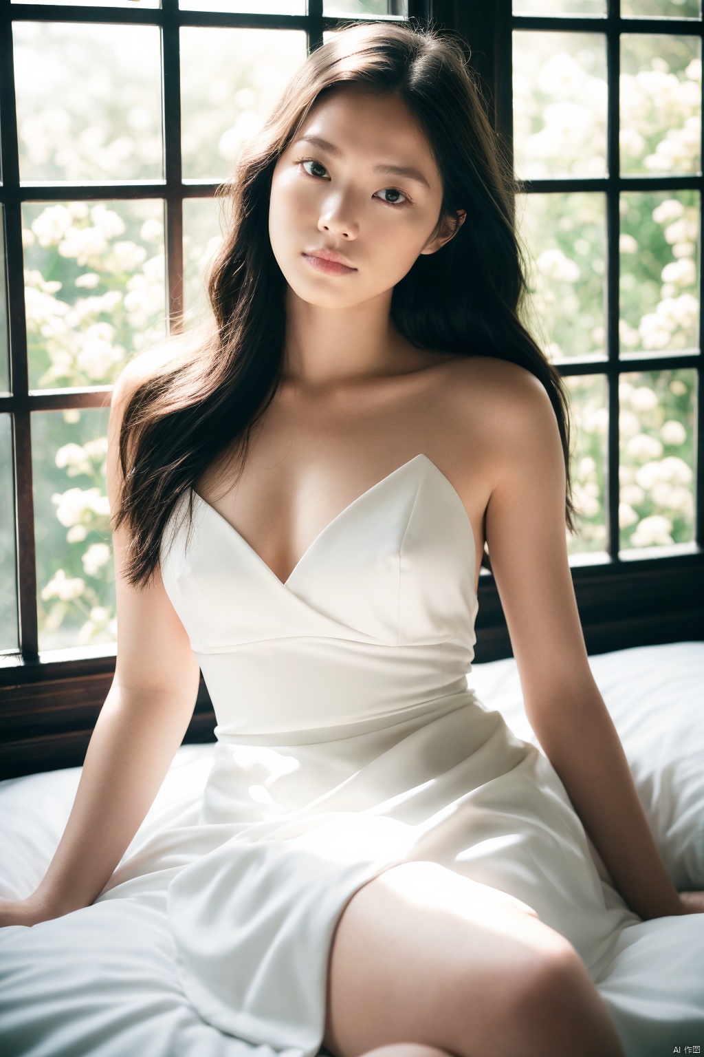 a stunning photo with beautiful saturation by Emily Soto,white dress,long hair1girl\(maimai\),lie in bed,sunlight shining on hair,the window is covered in flowers,outside the window is nature,facing the camera,there are flowers on the hair,