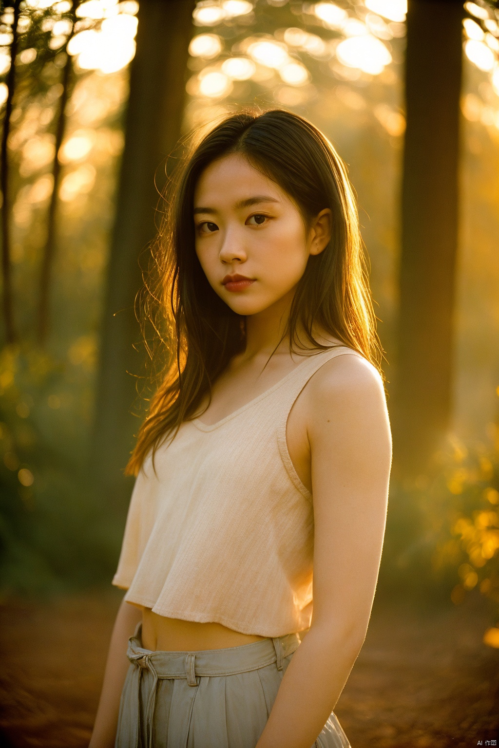 (1girl),looking at viewer,golden hour,rim lighting,warm tones,soft shadows,vibrant colors,hazy glow,painterly effect,dreamy atmosphere,bokeh,wide shot,model style,kodak portra 800 medium format film by Ryan McGinley,
