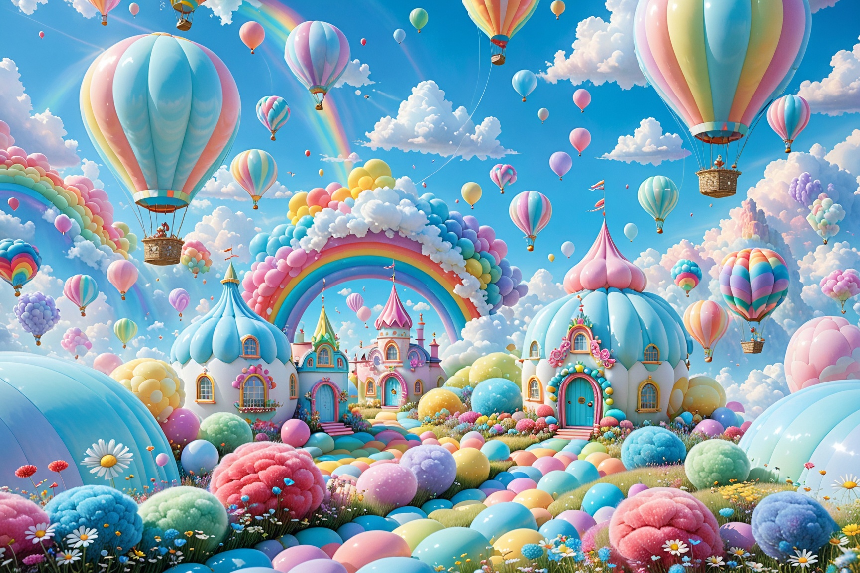 A whimsical scene with pastel-colored hot air balloons floating in the sky,  surrounded by fluffy clouds. A prominent rain...
