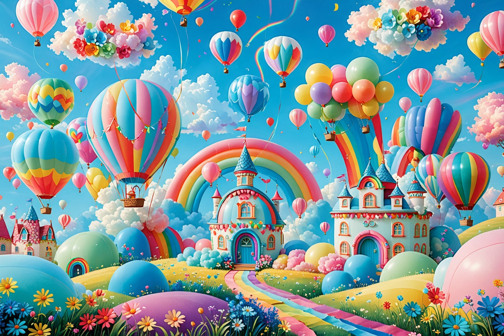 A whimsical scene with pastel-colored hot air balloons floating in the sky,  surrounded by fluffy clouds. A prominent rain...