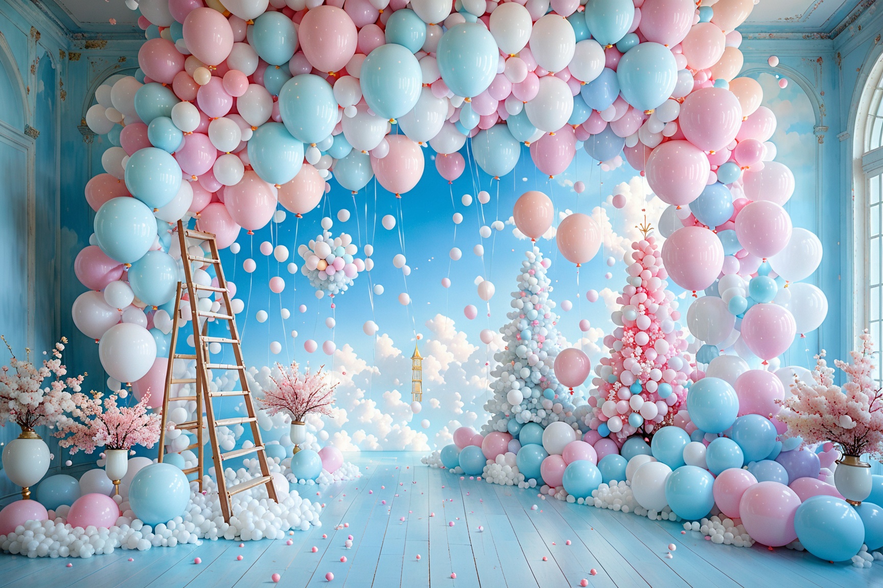 A whimsical scene dominated by pastel colors. A large white balloon is prominently displayed in the center,  anchored by a...
