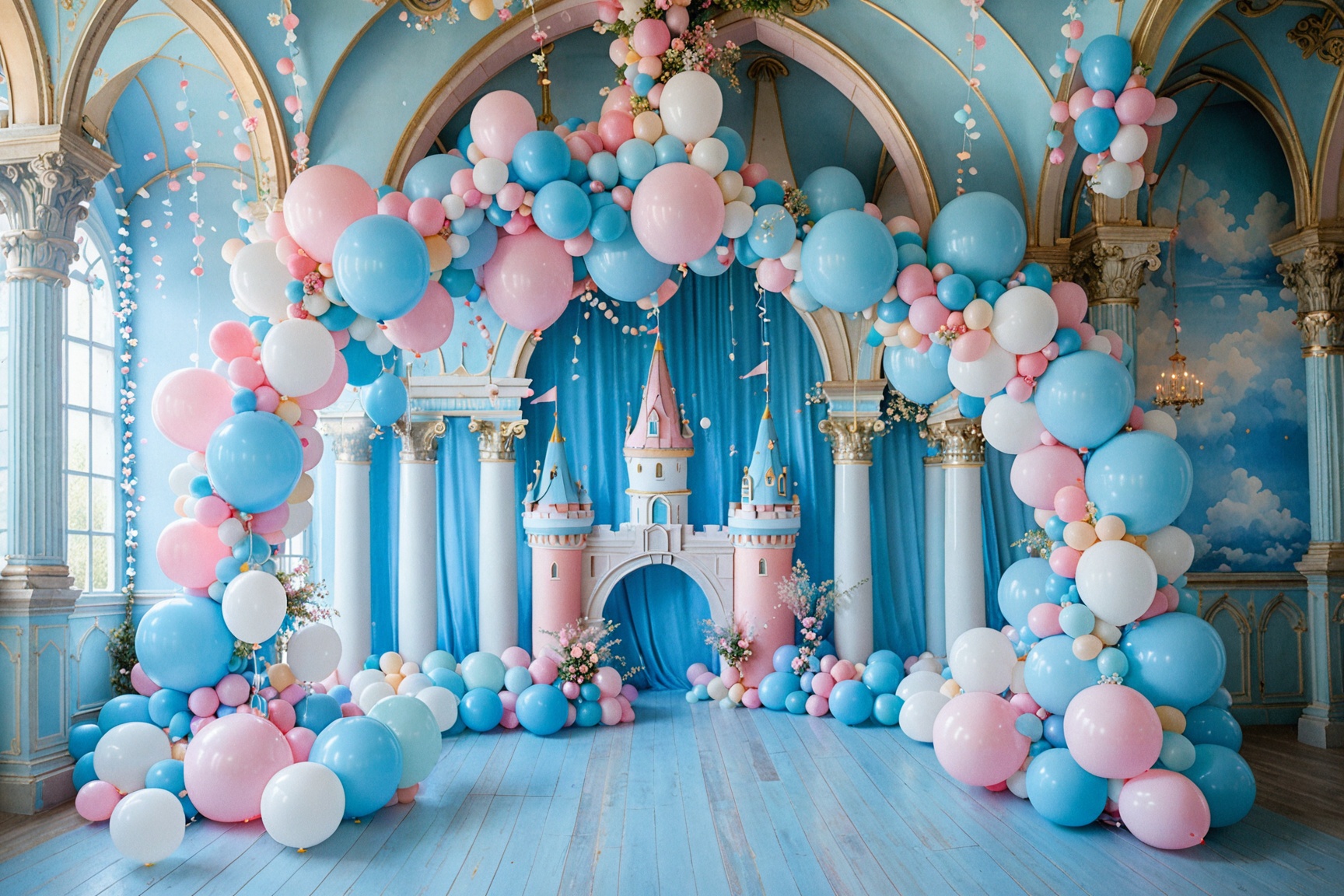 A whimsical and dreamy setting,  dominated by pastel colors. There are large balloons in shades of pink,  blue on Tensor.Art