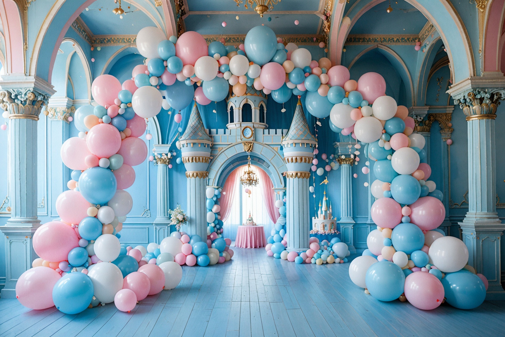 A whimsical and dreamy setting,  dominated by pastel colors. There are large balloons in shades of pink,  blue on Tensor.Art