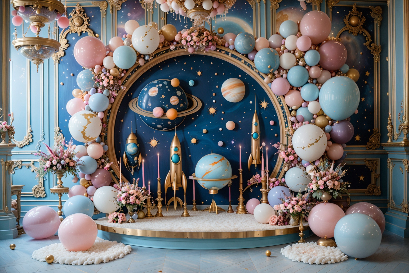 An opulent space-themed setting,  dominated by pastel hues. A large,  ornate circular frame in a muted blue backdrop depic...