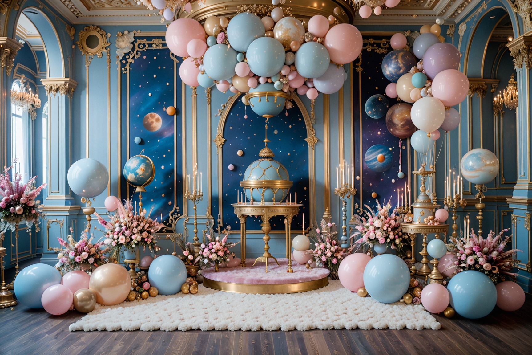 An opulent space-themed setting,  dominated by pastel hues. A large,  ornate circular frame in a muted blue backdrop depic...
