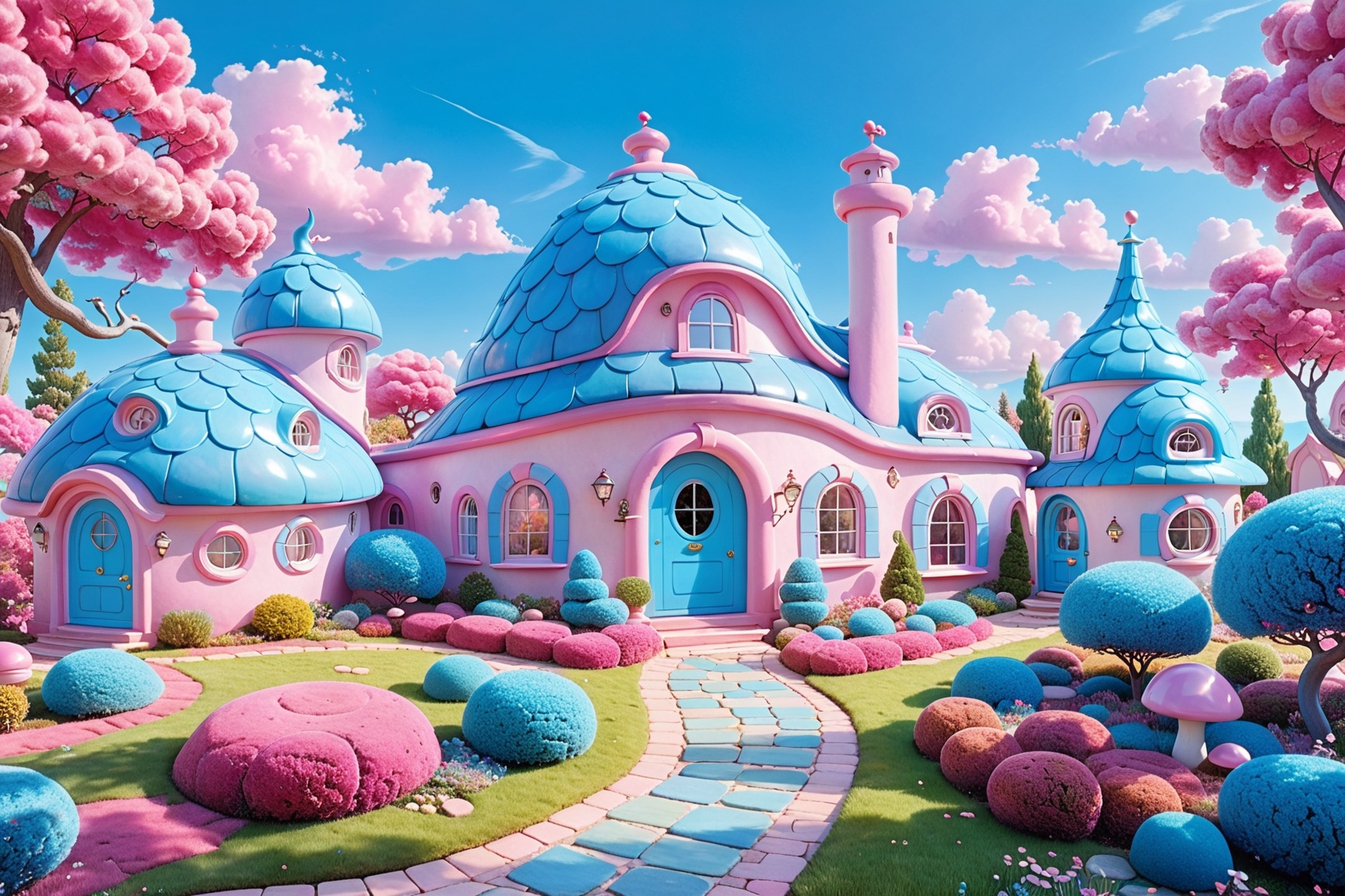 A whimsical,  pastel-colored landscape dominated by a large,  curved house with a blue roof and pink walls. The house has...