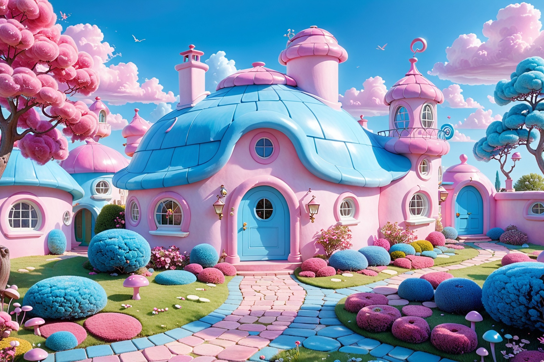 A whimsical,  pastel-colored landscape dominated by a large,  curved house with a blue roof and pink walls. The house has...