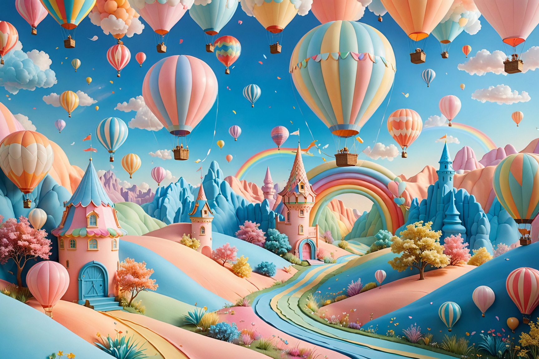 A whimsical,  pastel-tinged tableau unfurls,  set against a soft peach backdrop. Delicate hot air balloons in pink on Tens...