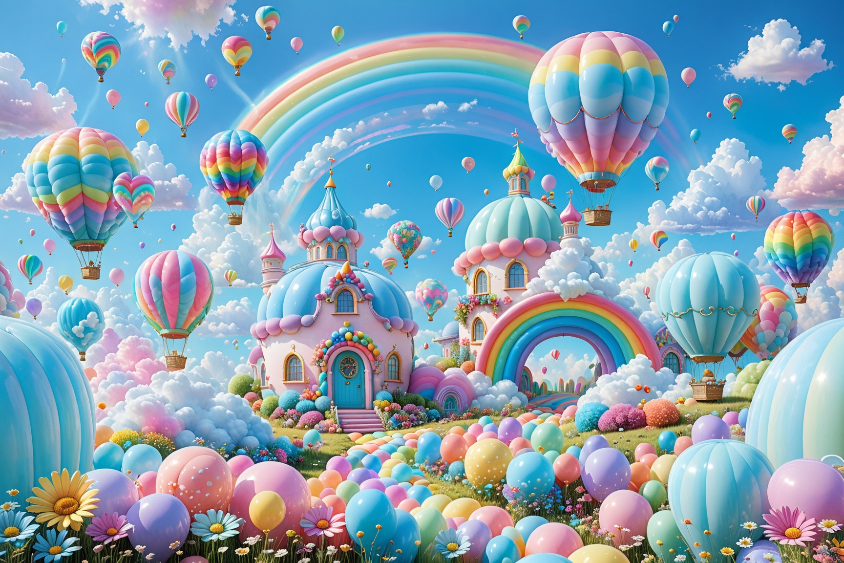 A whimsical scene with pastel-colored hot air balloons floating in the sky,  surrounded by fluffy clouds. A prominent rain...