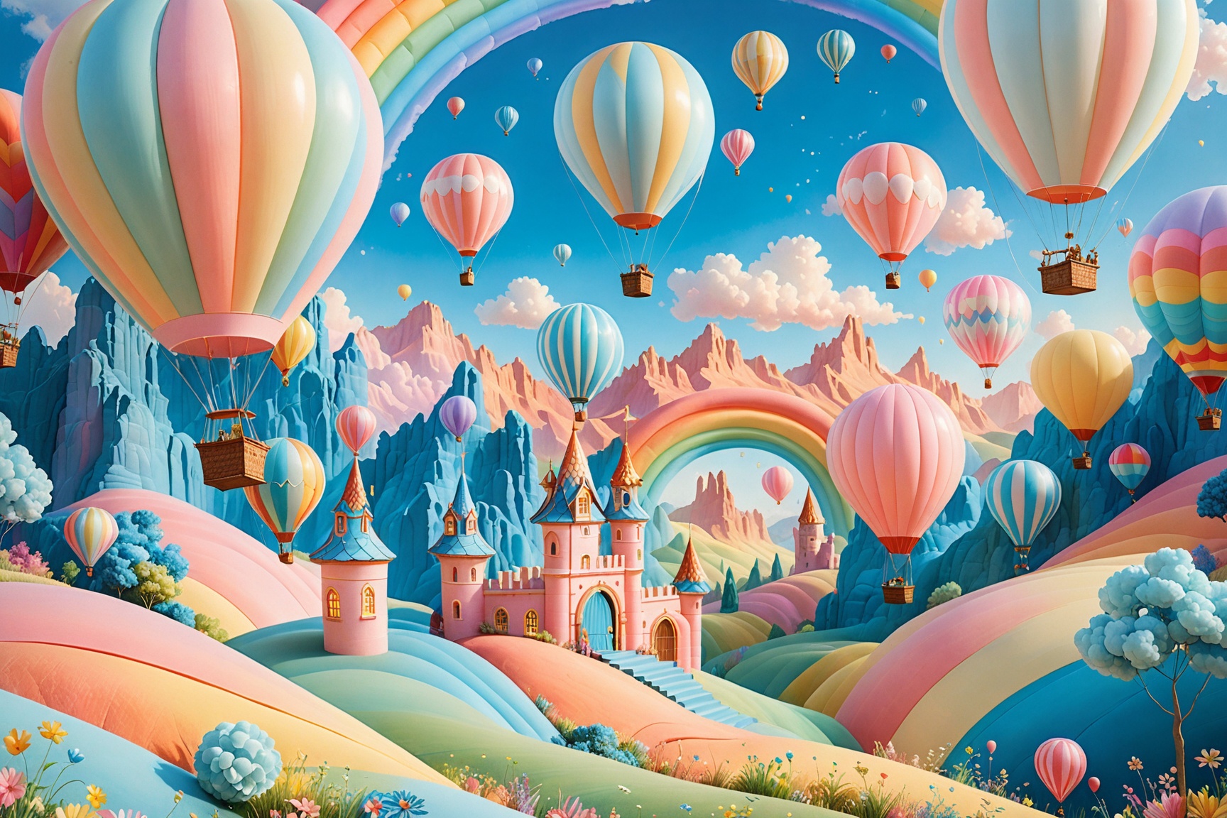 A whimsical,  pastel-tinged tableau unfurls,  set against a soft peach backdrop. Delicate hot air balloons in pink on Tens...