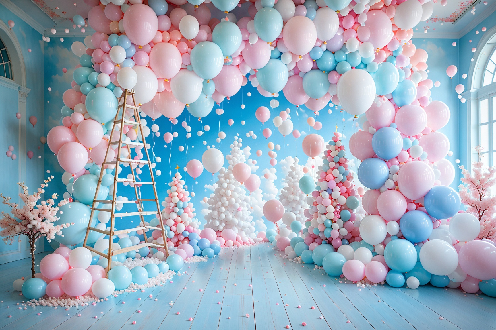 A whimsical scene dominated by pastel colors. A large white balloon is prominently displayed in the center,  anchored by a...
