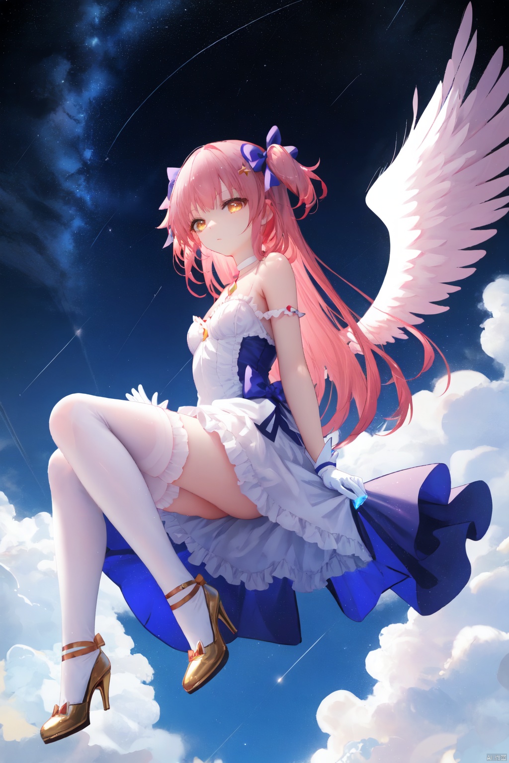 1girl, solo, kaname madoka, wings, pink hair, ultimate madoka, long hair, dress, gloves, thighhighs, yellow eyes, white dress, white gloves, star \(sky\), two side up, white footwear, winged footwear, high heels, white thighhighs, sky, starry sky, very long hair, breasts, looking at viewer, small breasts, frills, bow, choker, closed mouth, frilled dress, feathered wings, soul gem, ribbon, hair bow, full body, giantess