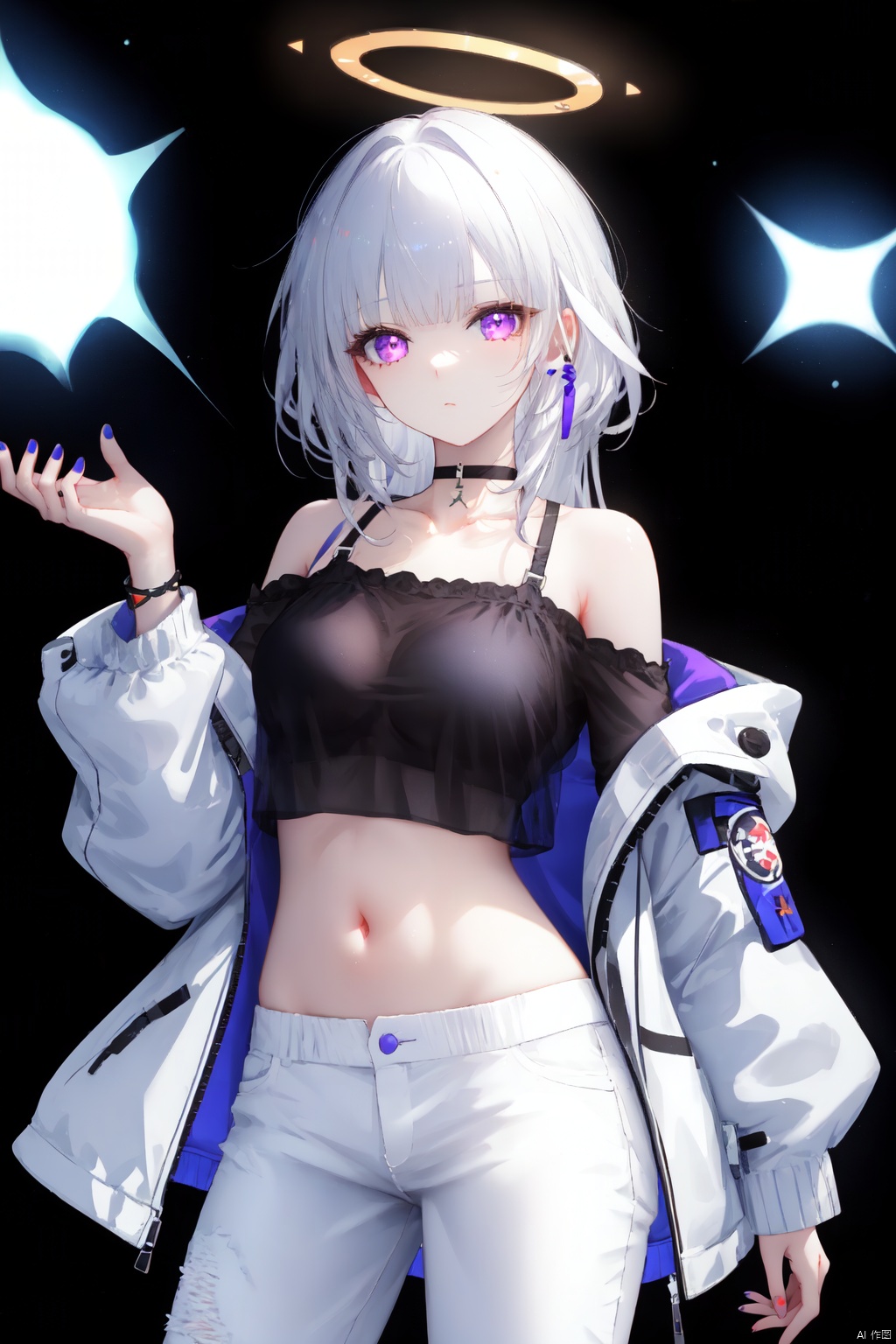 1girl, solo, halo, long hair, jacket, white hair, bare shoulders, single pantsleg, bangs, looking at viewer, white jacket, blue nails, breasts, pants, closed mouth, off shoulder, cowboy shot, midriff, black background, choker, navel, nail polish, blunt bangs, see-through, collarbone, purple eyes, long sleeves, simple background, open clothes, white pants, shorts