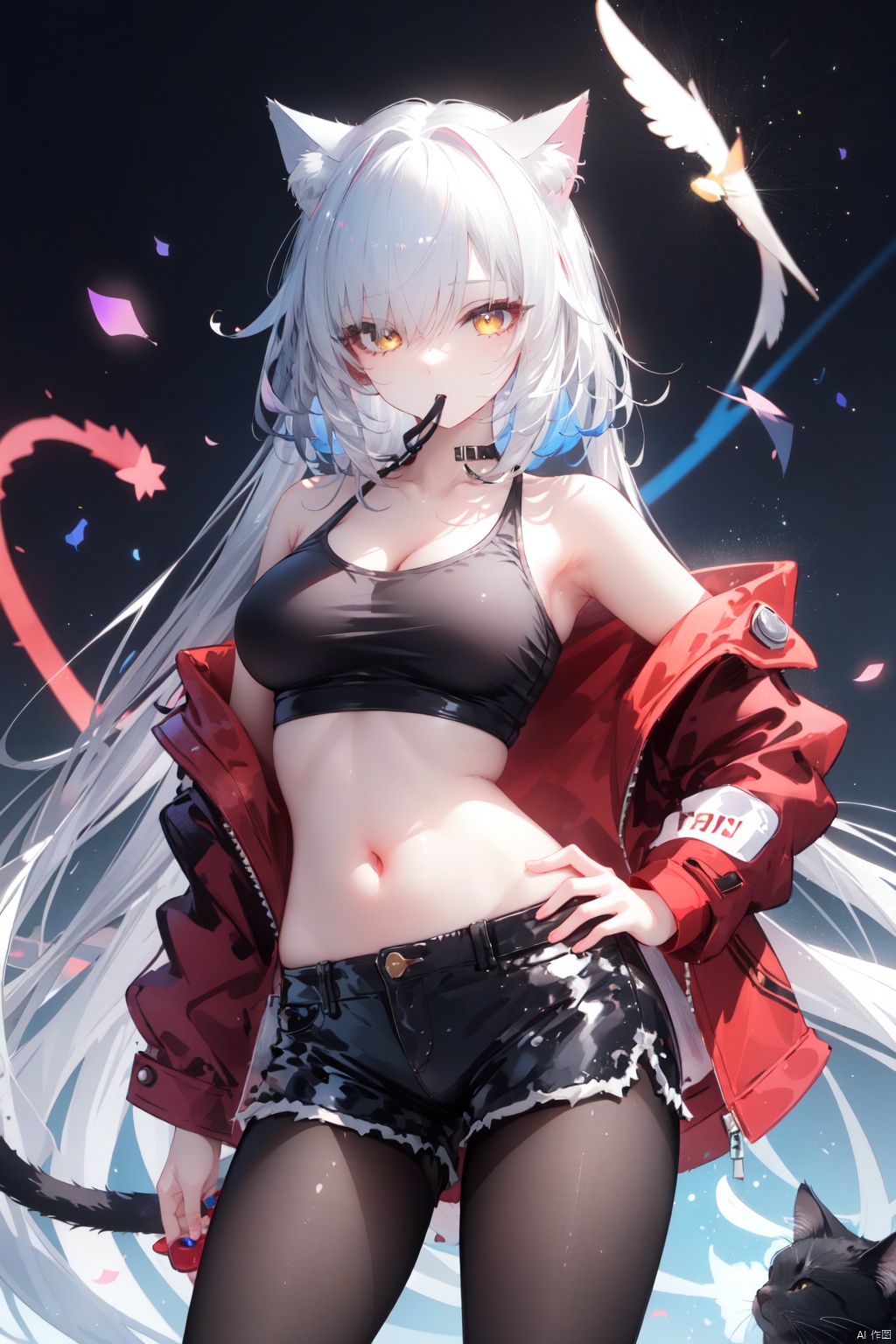 1girl, animal ears, long hair, solo, cat ears, navel, shorts, white hair, yellow eyes, jacket, midriff, slit pupils, breasts, off shoulder, mouth hold, hair over one eye, black shorts, looking at viewer, crop top, cat girl, red jacket, pantyhose, open clothes, neon lights, bangs, bare shoulders, cowboy shot, medium breasts, hand on hip, stomach, open jacket, short shorts, **** top, standing, hanekawa tsubasa, black pantyhose