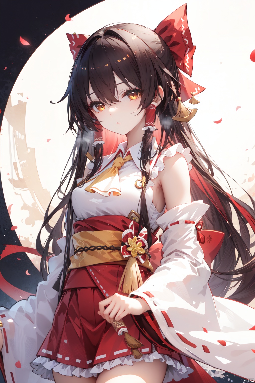 1girl, solo, hakurei reimu, bow, ofuda, gohei, red bow, skirt, hair bow, hair tubes, red skirt, ascot, wide sleeves, detached sleeves, ribbon trim, black background, yellow ascot, frills, brown hair, holding, long hair, ribbon-trimmed sleeves, looking at viewer, closed mouth, simple background, brown eyes, bare shoulders, red vest, frilled bow, vest, hair between eyes, bangs, sidelocks, nontraditional miko, sarashi, shirt, frilled skirt, cowboy shot
