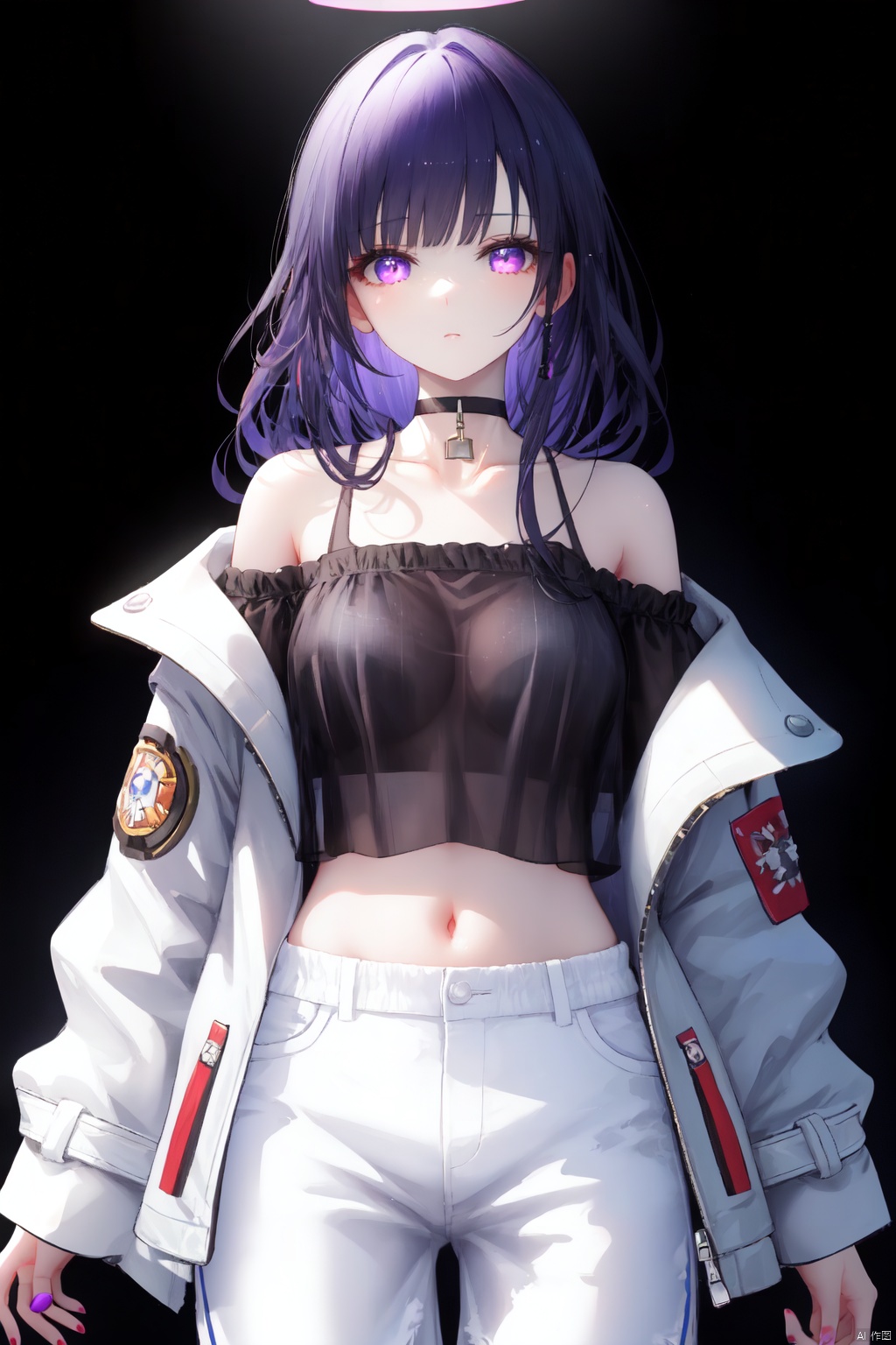 1girl, solo, halo, long hair, jacket, white hair, bare shoulders, single pantsleg, bangs, looking at viewer, white jacket, blue nails, breasts, pants, closed mouth, off shoulder, cowboy shot, midriff, black background, choker, navel, nail polish, blunt bangs, see-through, collarbone, purple eyes, long sleeves, simple background, open clothes, white pants, shorts