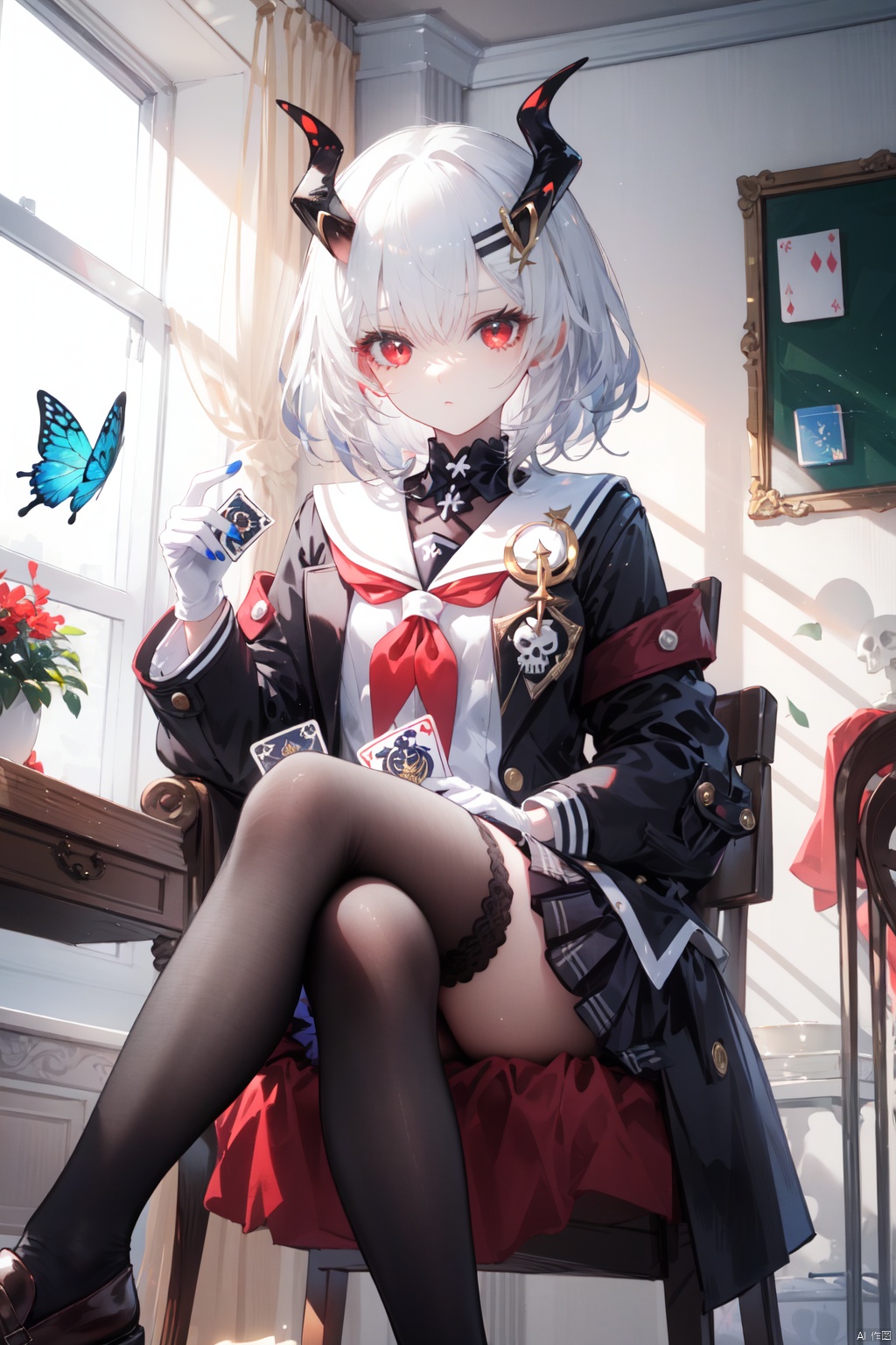 1girl, card, horns, sitting, red eyes, thighhighs, playing card, school uniform, serafuku, skull, chair, neckerchief, holding card, white hair, bug, looking at viewer, butterfly, sailor collar, armchair, red neckerchief, bangs, shoes, black serafuku, short hair, fur trim, holding, shirt, skirt, 1boy, white gloves, skeleton, red hair, red nails, gloves, crossed legs, long sleeves, jacket