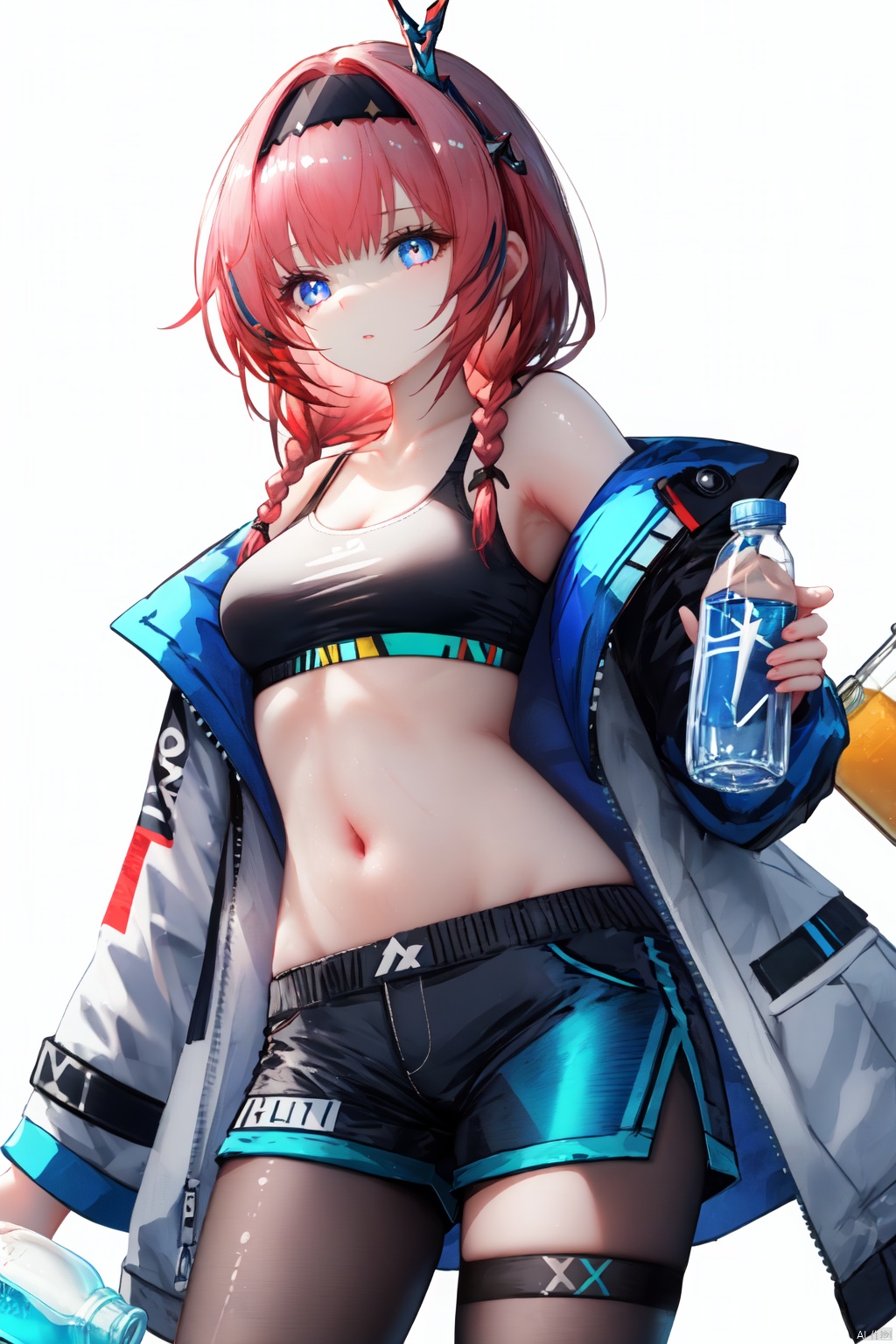 1girl, blue poison \(arknights\), solo, blue poison \(shoal beat\) \(arknights\), pink hair, official alternate costume, jacket, white background, navel, blue eyes, white jacket, breasts, sports bra, holding, looking at viewer, bottle, pants, small breasts, simple background, midriff, shorts, braid, hairband, holding bottle, stomach, white footwear, open clothes, open jacket, leggings, blue shorts, long hair, water bottle, twin braids, shoes, short shorts, bangs, long sleeves, feet out of frame, crop top, black pants