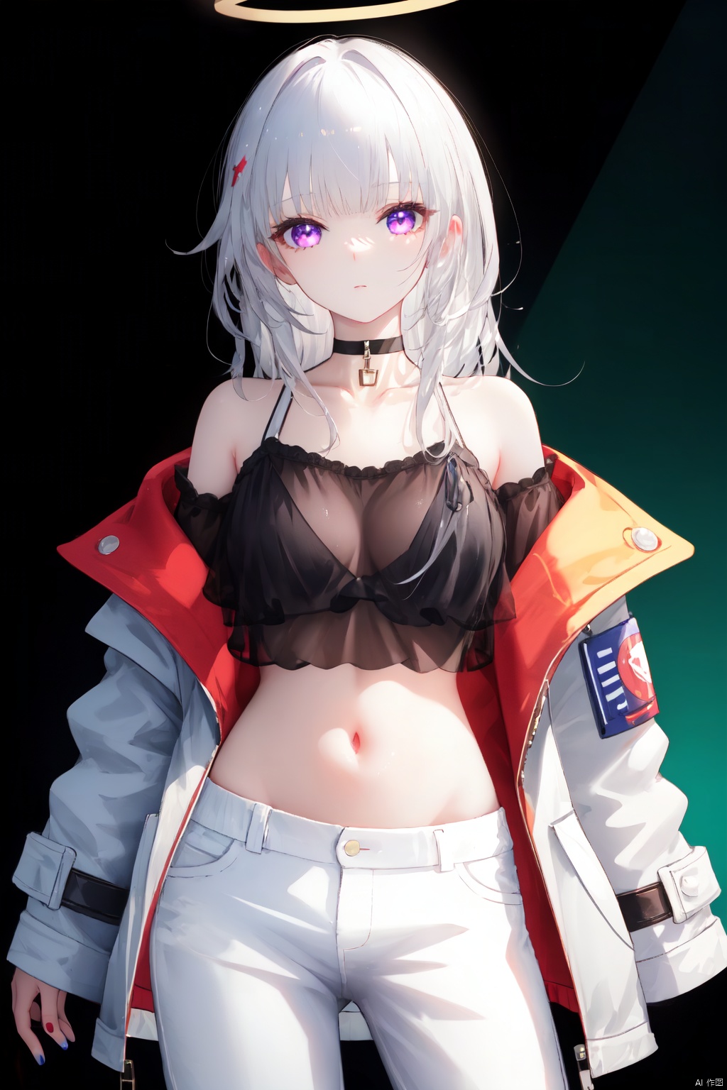 1girl, solo, halo, long hair, jacket, white hair, bare shoulders, single pantsleg, bangs, looking at viewer, white jacket, blue nails, breasts, pants, closed mouth, off shoulder, cowboy shot, midriff, black background, choker, navel, nail polish, blunt bangs, see-through, collarbone, purple eyes, long sleeves, simple background, open clothes, white pants, shorts