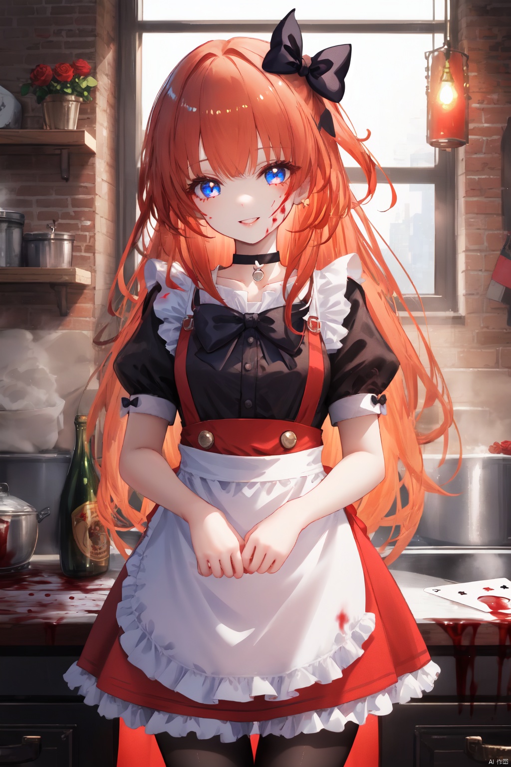 1girl, solo, long hair, dress, short sleeves, puffy sleeves, apron, puffy short sleeves, red dress, card, choker, looking at viewer, blue eyes, bangs, frills, blood, black choker, playing card, white apron, blood on clothes, frilled apron, parted lips, red flower, brown hair, bow, smile, standing, parted bangs, very long hair, blood on face, black bow, hair bow, frilled dress, pantyhose, diamond \(shape\), ribbon, orange hair, red rose