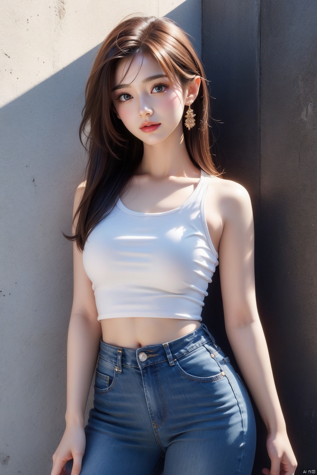 1girl, solo, breasts, looking at viewer, smile, brown hair, black hair, navel, bare shoulders, brown eyes, jewelry, closed mouth, standing, collarbone, cowboy shot, midriff, pants, lips, shadow, **** top, denim, jeans, realistic, arms at sides