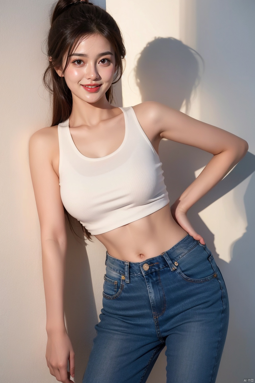 1girl, solo, breasts, looking at viewer, smile, brown hair, black hair, navel, bare shoulders, brown eyes, jewelry, closed mouth, standing, collarbone, cowboy shot, midriff, pants, lips, shadow, **** top, denim, jeans, realistic, arms at sides