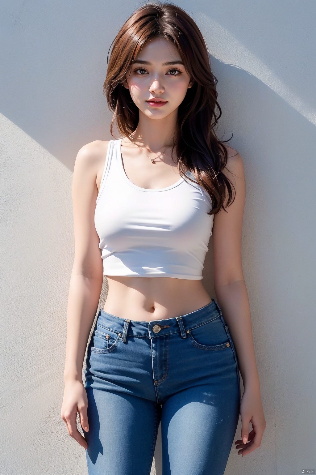 1girl, solo, breasts, looking at viewer, smile, brown hair, black hair, navel, bare shoulders, brown eyes, jewelry, closed mouth, standing, collarbone, cowboy shot, midriff, pants, lips, shadow, **** top, denim, jeans, realistic, arms at sides, 1 girl