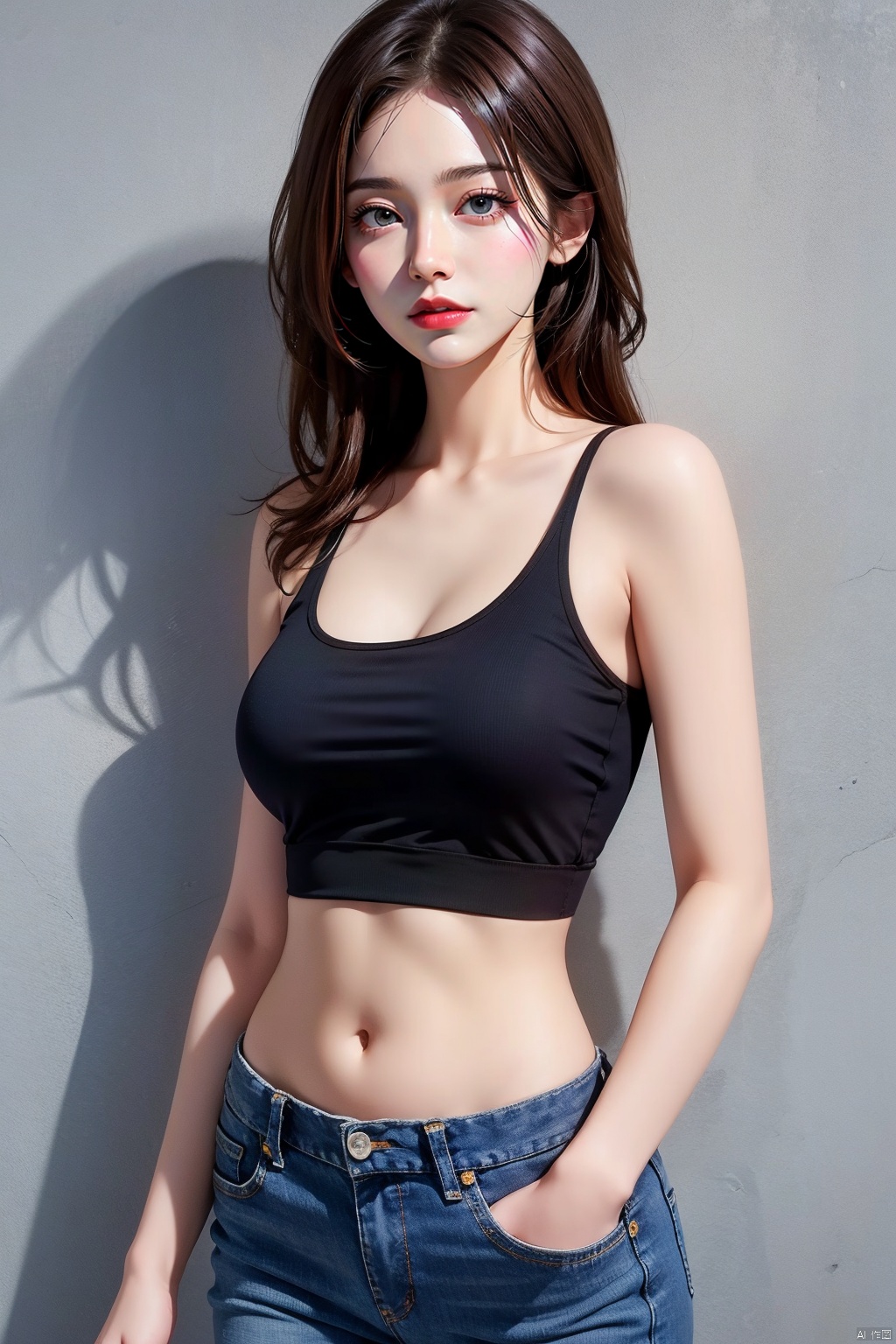 1girl, solo, breasts, looking at viewer, smile, brown hair, black hair, navel, bare shoulders, brown eyes, jewelry, closed mouth, standing, collarbone, cowboy shot, midriff, pants, lips, shadow, **** top, denim, jeans, realistic, arms at sides