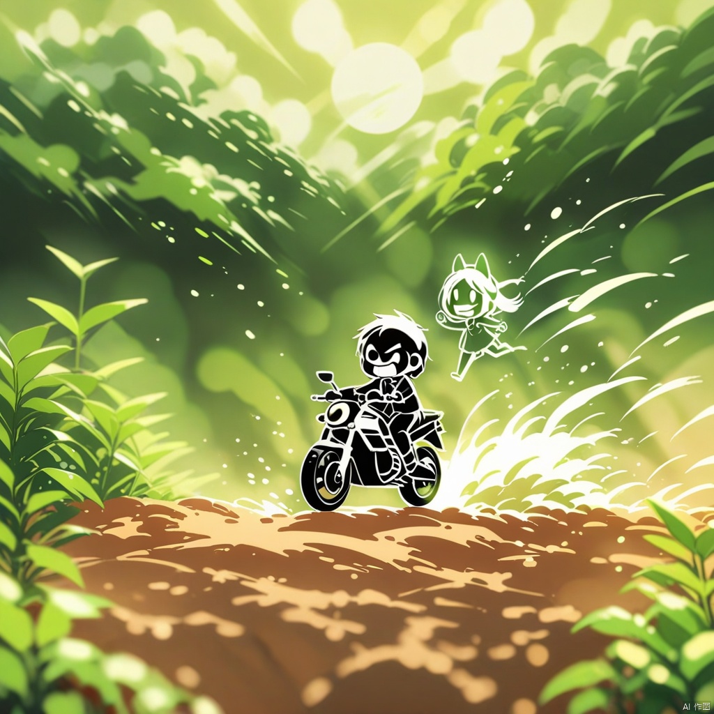 line art,chibi, (masterpiece),(best quality), 2manï¼ The chase, The distance. The moonlit night, Prime Minister **** He on motorbike behind waving and calling out to Han Xin, General Han Xin in front panicking and fleeing on motorbike,