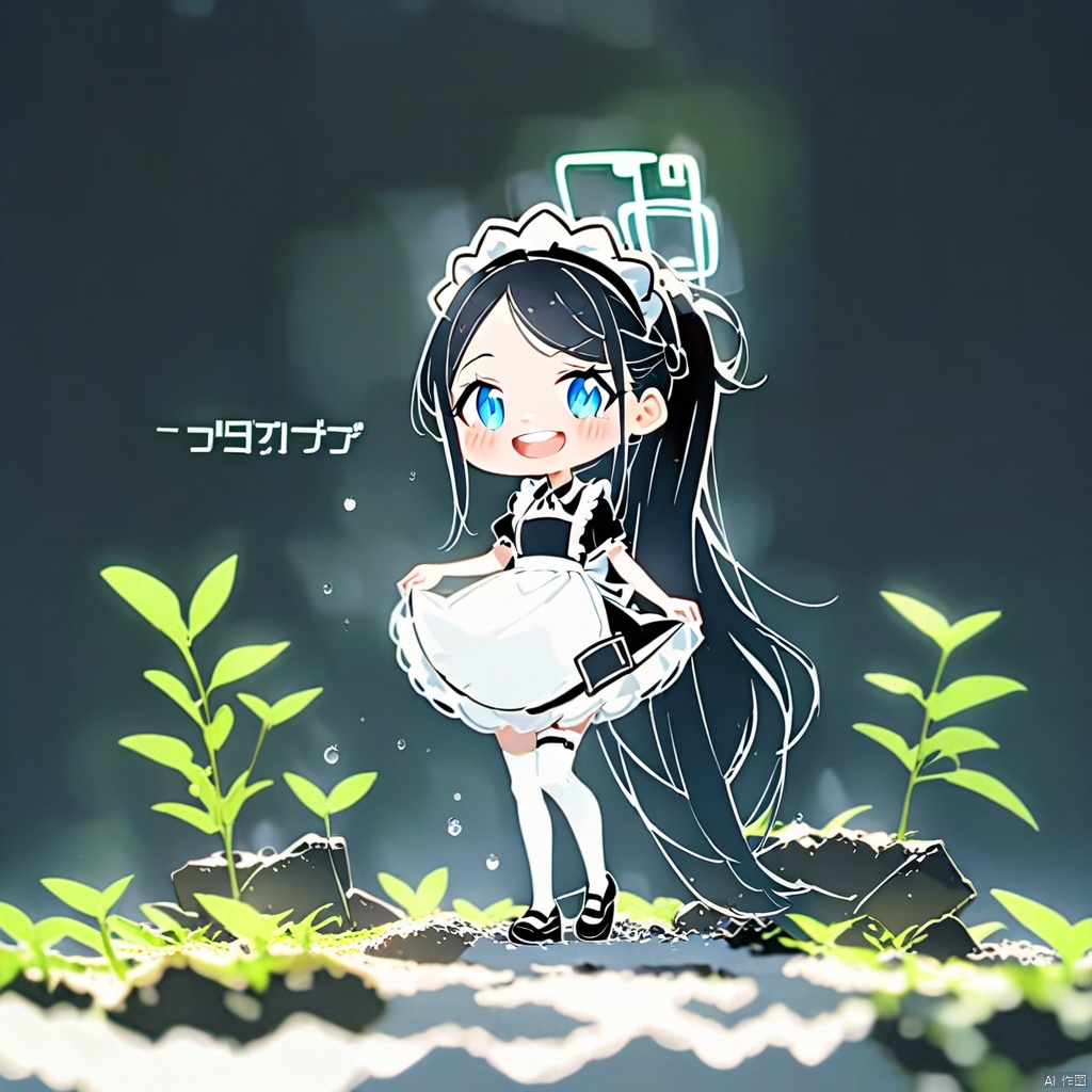 line art,chibi, (masterpiece),(best quality),masterpiece,best quality,very aesthetic,absurdres,newest, BREAK sdorica composition,black background,simple background,character name, BREAK 1girl, solo, aris \(blue archive\), aris \(maid\) \(blue archive\), halo, long hair, black hair, thighhighs, white thighhighs, apron, blue eyes, official alternate costume, maid headdress, maid, very long hair, full body, simple background, white background, short sleeves, open mouth, dress, looking at viewer, maid apron, white apron, black footwear, borrowed clothes, shoes, black dress, frilled apron, frills, blush, upper teeth only, ponytail, smile, puffy sleeves, standing, side ponytail, teeth, puffy short sleeves, absurdly long hair, garter straps, skirt hold, bow, sidelocks,