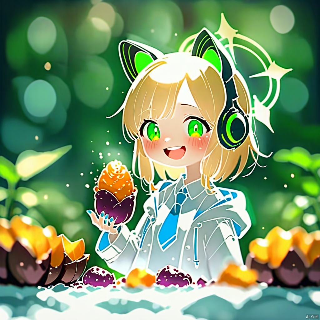 line art,chibi, (masterpiece),(best quality),1girl,midori \(blue archive\),blue archive,aiamu iamu,holding food,holding,hooded jacket,food,sidelocks,:d,collared shirt,blurry,long sleeves,puffy sleeves,headphones,blue bow,hand up,necktie,halo,looking at viewer,jacket,sleeves past wrists,blush,nail polish,blue necktie,animal ear headphones,blurry background,blonde hair,shirt,green eyes,hood down,open clothes,depth of field,hood,smile,white jacket,fake animal ears,bow,puffy long sleeves,open jacket,solo,dress shirt,animal ears,white shirt,blue nails,hair bow,long hair,drawstring,sweet potato,
