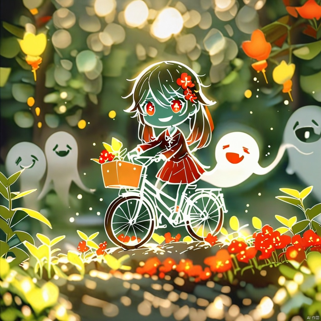 line art,chibi, (masterpiece,best quality),1girl, hu tao \(genshin impact\), ground vehicle, twintails, red eyes, bicycle, brown hair, hair ornament, skirt, looking at viewer, symbol-shaped pupils, long hair, solo, hair flower, flower, boo tao \(genshin impact\), smile, school uniform, outdoors, ghost, boat, shirt, bag, short sleeves, holding, watercraft, shoes, plaid, alternate costume, thigh strap