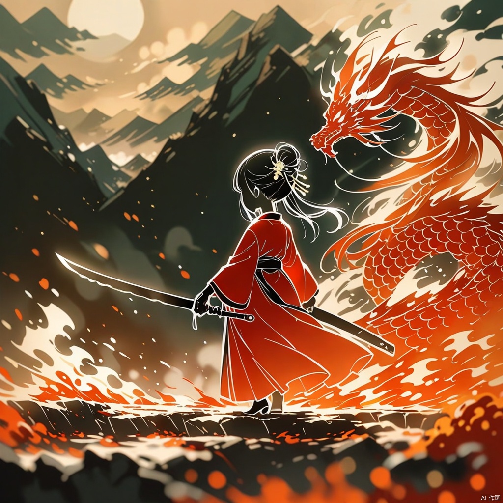 line art,chibi, (masterpiece),(best quality),chinese dragon,dragon,sword,weapon,single hair bun,holding,hair bun,black hair,holding sword,hanfu,1boy,long hair,holding weapon,male focus,red hanfu,solo,standing,long sleeves,from behind,wide sleeves,hair stick,hair ornament,fire,ink art,masterpiece,best quality,line-art