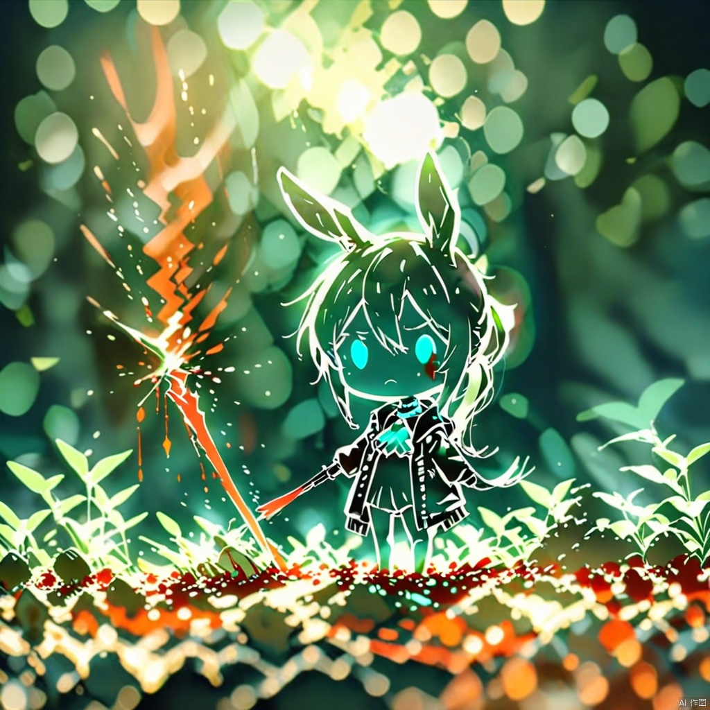 line art,chibi, (masterpiece,best quality),1girl, animal ears, amiya (arknights), solo, blue eyes, rabbit ears, long hair, holding, looking at viewer, blood, weapon, blue ascot, holding weapon, brown hair, ascot, hair between eyes, sword, holding sword, jacket, blood on face, closed mouth, open clothes, sidelocks, open jacket, jewelry, shirt, neck ring, white shirt, black jacket, ponytail, glowing,