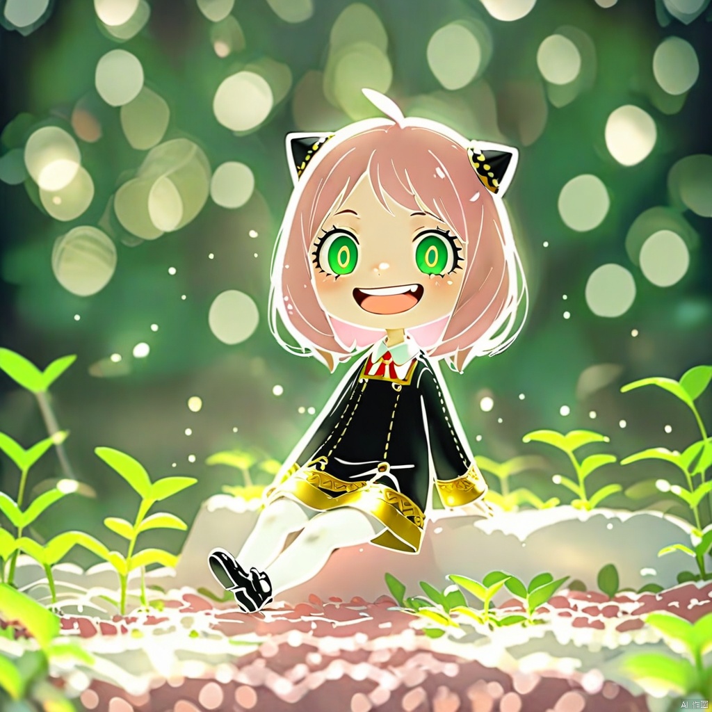 line art,chibi, (masterpiece),(best quality),Anya Forger,1girl,anya \(spy x family\),solo,female child,pink hair,green eyes,school uniform,eden academy school uniform,smile,dress,sitting,looking at viewer,open mouth,black footwear,black dress,child,shirt,:d,long sleeves,full body,shoes,medium hair,bangs,ahoge,white pantyhose,collared shirt,