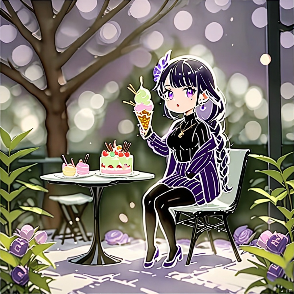 line art,chibi, (masterpiece,best quality),macaron, 1girl, food, wagashi, solo, raiden shogun, purple skirt, dango, sweater, purple eyes, braided ponytail, mole under eye, purple hair, skirt, pantyhose, ice cream, turtleneck, hair ornament, sitting, sanshoku dango, tomoe \(symbol\), breasts, jewelry, long hair, parfait, braid, looking at viewer, mitsudomoe \(shape\), sweets, holding, necklace, bangs, mole, ice cream cone, purple nails, earrings, purple jacket, long sleeves, open clothes, bag, turtleneck sweater, open jacket, off shoulder, black pantyhose, nail polish, jacket, outdoors, hair flower, day, cake, flower, large breasts, very long hair, alternate costume, ribbed sweater, table, dessert, chair, purple flower, sleeves past wrists, parted lips, open mouth, holding food, purple sweater, knees together feet apart, tree