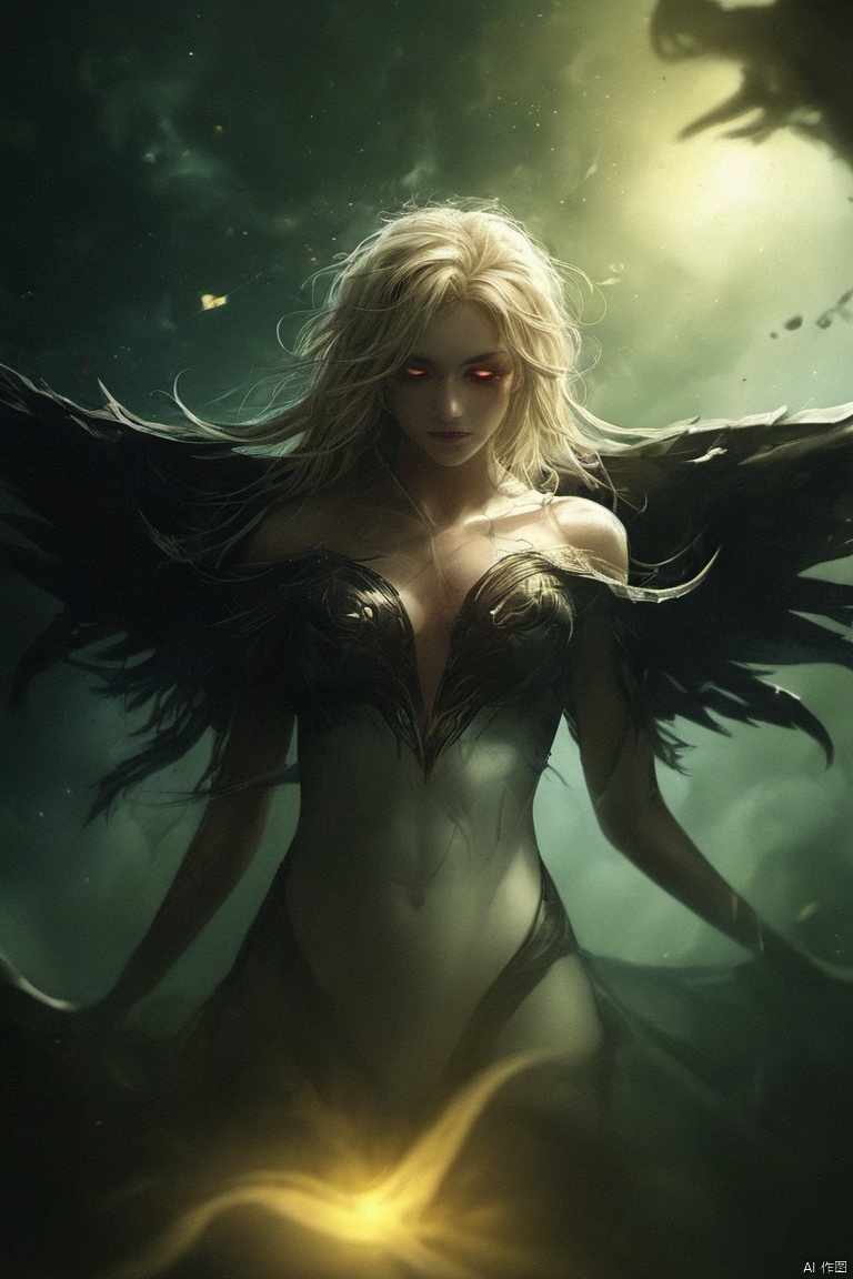 intense shadows,lens_flare,looking_at_viewer,hand 1girl, long hair, closed eyes, dress, solo, wings, yellow theme, blonde hair, feathered wings, bare shoulders, arms behind back, facing viewer, glowing, light particles, floating hair, closed mouth, standing, bangs, off-shoulder dress, black dress,