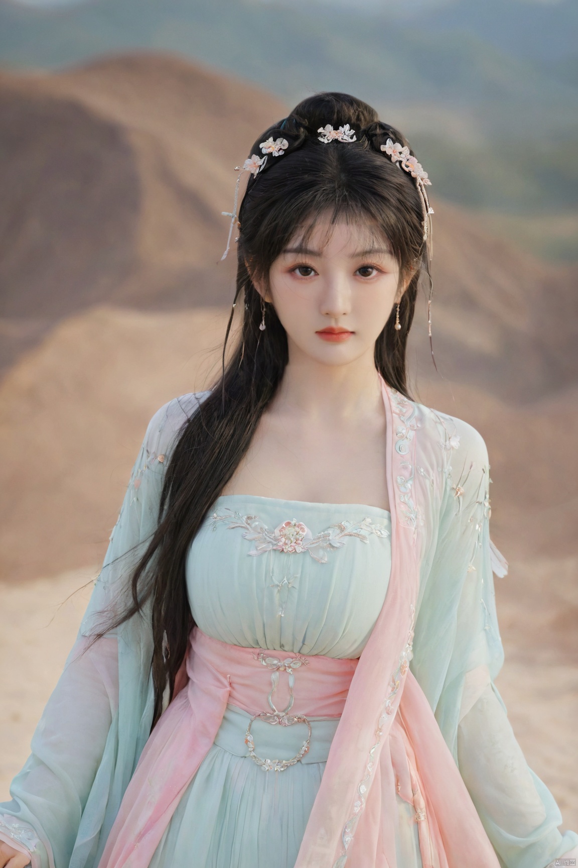 Surrealist beauty photo, hanfu,Xtianxiwei,(big_breasts:1.69), Yunxiao_Fairy,1girl,moyou, Yunxiao_xianzi, desert_sky, song_hanfu,chinese woman