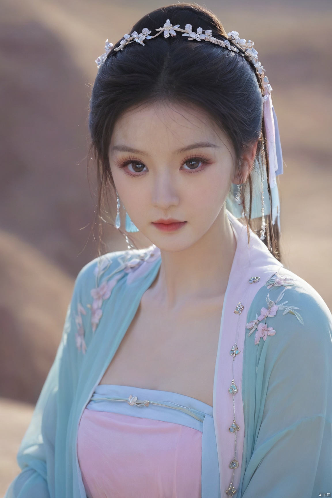 Surrealist beauty photo, hanfu,Xtianxiwei,(big_breasts:1.69), Yunxiao_Fairy,1girl,moyou, Yunxiao_xianzi, desert_sky, song_hanfu