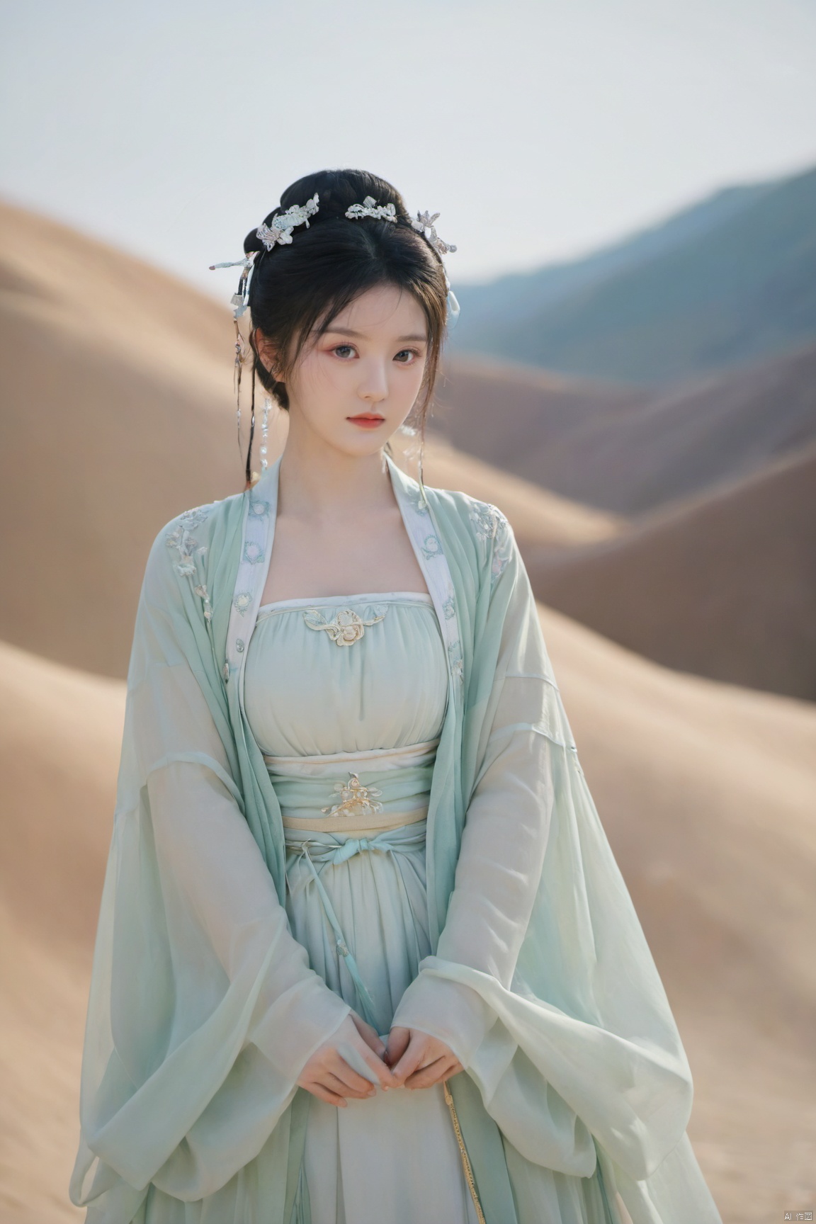 Surrealist beauty photo, hanfu,Xtianxiwei,(big_breasts:1.69), Yunxiao_Fairy,1girl,moyou, Yunxiao_xianzi, desert_sky, song_hanfu