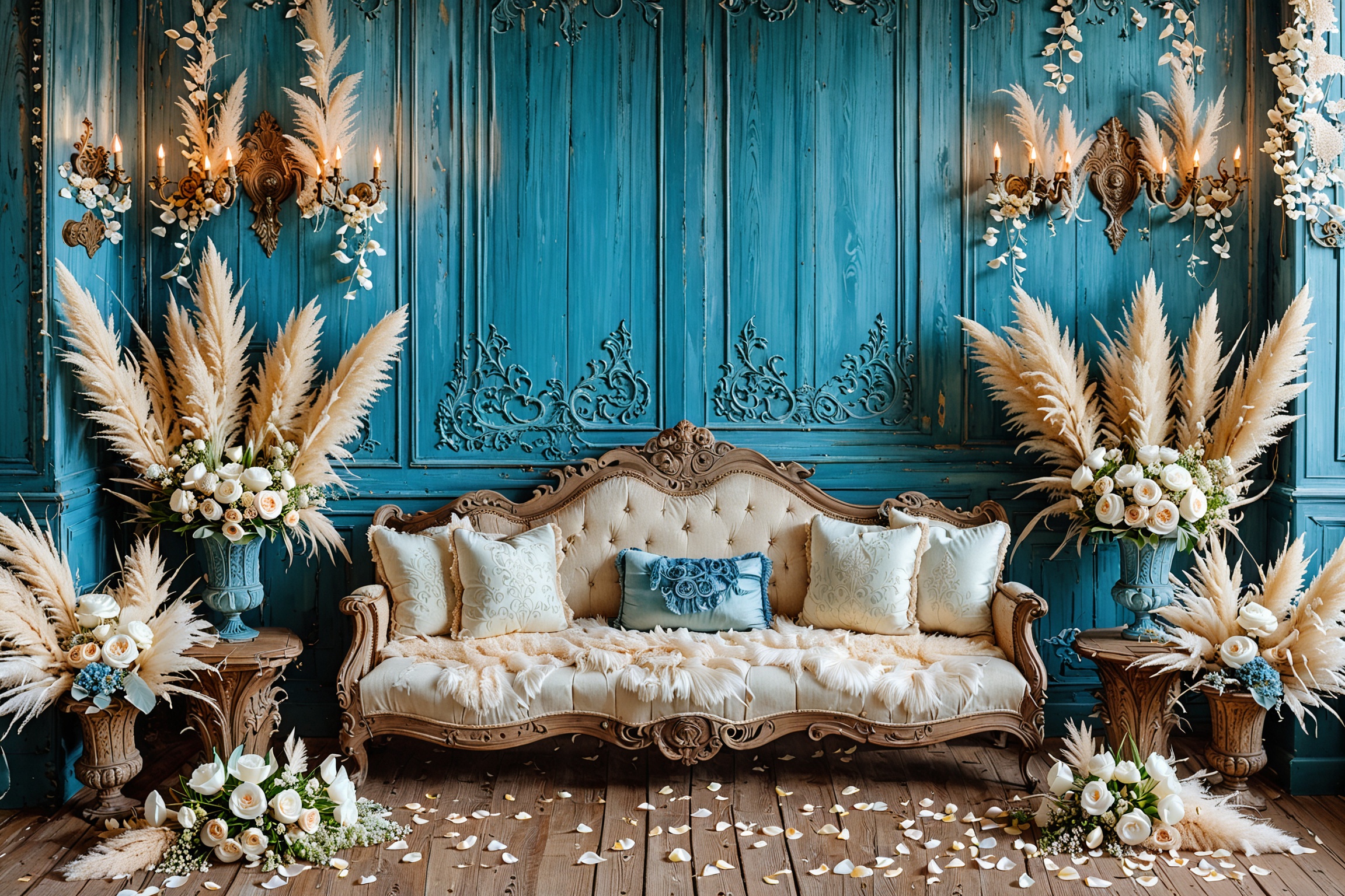 A vintage-styled room with a blue wooden wall adorned with ornate wall sconces. A floral arrangement hangs from the ceilin...
